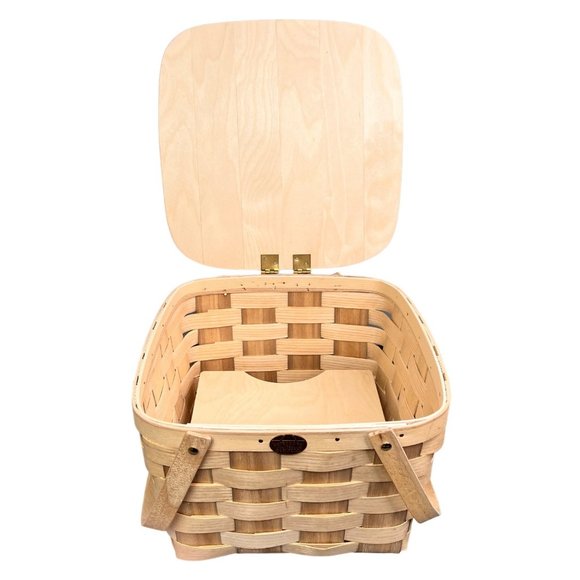 Peterboro Picnic Basket Natural Wood Riser Inside Woven Double Handles Logo - Picture 4 of 11